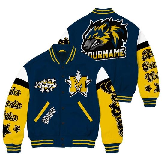 Custom Name UOM University Varsity Jacket, Streetwear Varsity Jacket, Est. 1817 Michigan State Novelty Unisex Design Blue Letterman Jackets