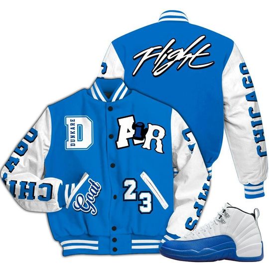 Dunkare Blueberry 12s Shirt, Streetwear Varsity Jacket, AIR Number 23 GOAT Graphic All Over Print Letterman Jackets