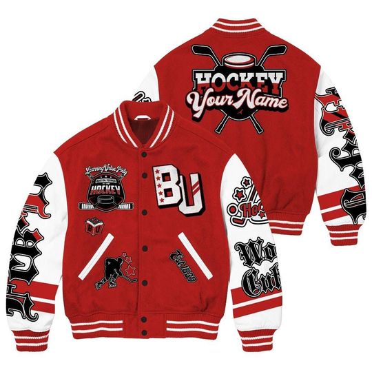 Custom Name BU Terrier Hockey University Varsity Jacket, Streetwear Varsity Jacket, Est. 1839 Massachusetts State Novelty Unisex Design Red Letterman Jackets