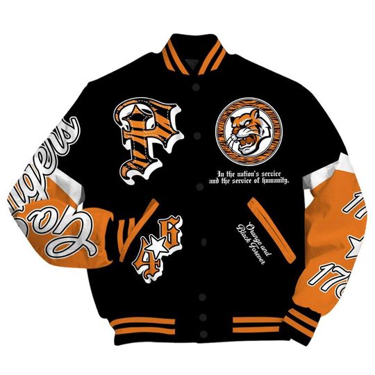 PU Tiger University Varsity Jacket, Streetwear Varsity Jacket, Est.1746 Orange New Jersey Novelty Unisex Design All Over Print Letterman Jackets