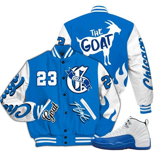 Dunkare Blueberry 12s Varsity Jacket, Streetwear Varsity Jacket, G.O.A.T Flight Streetwear Graphic All Over Print Letterman Jackets