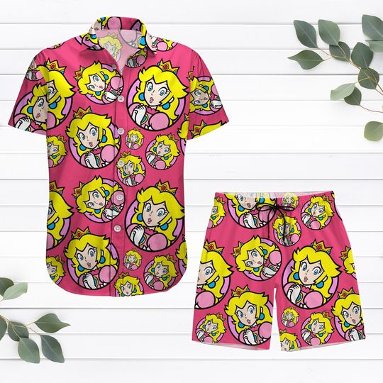 Princess Peach Button Shirt, Princess Peach Mario Short, Super Mario Bros Summer Shirt, Gaming Adventure T-Shirt, Shirt Short Set For M