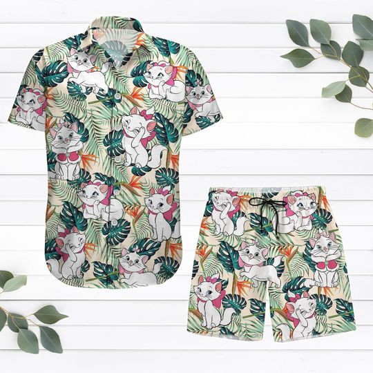 Marie Cat Button Shirt, Cat Lover Tropical Short, Disney The Aristocats Hawaiian Shirt For Men, Disney Vacation Summer Short