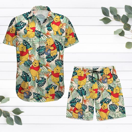 Winnie The Pooh Button Shirt, Pooh Bear Summer Short, Disney Character Tropical Beach Shirt, Running Shorts For Men, Magic Kingdom Gift