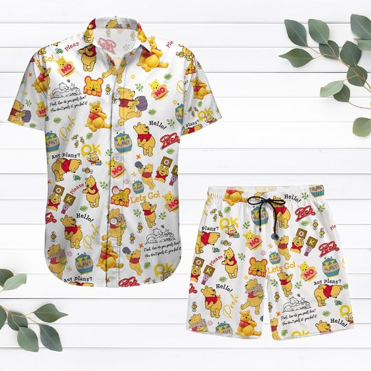 Winnie The Pooh Button Shirt, Pooh Bear Summer Short, Disney Character Tropical Beach Shirt, Running Shorts For Men, Magic Kingdom Gift