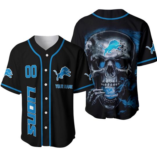 Personalized Detroit Lions Football Baseball Jersey, Detroit Skull Baseball Jersey, Detroit Team Football Jersey