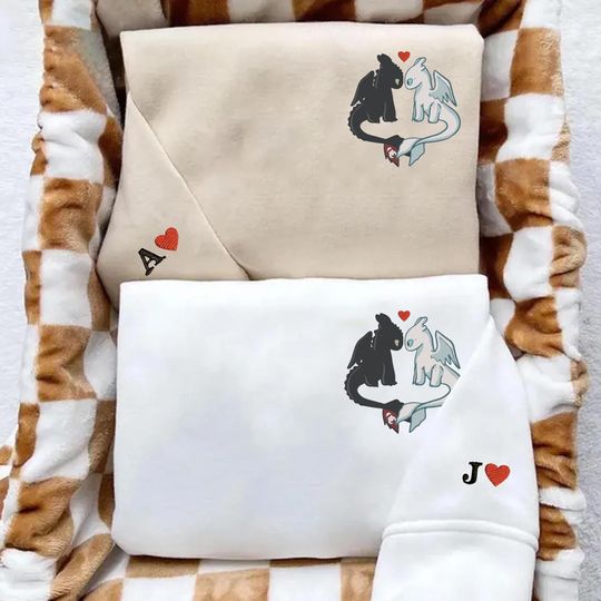 Couple Valentine Embroidered Sweatshirt, Toothless and Light Fury Embroidered Sweatshirt, Valentine Sweatshirt, Dragon Embroidery Sweatshirt