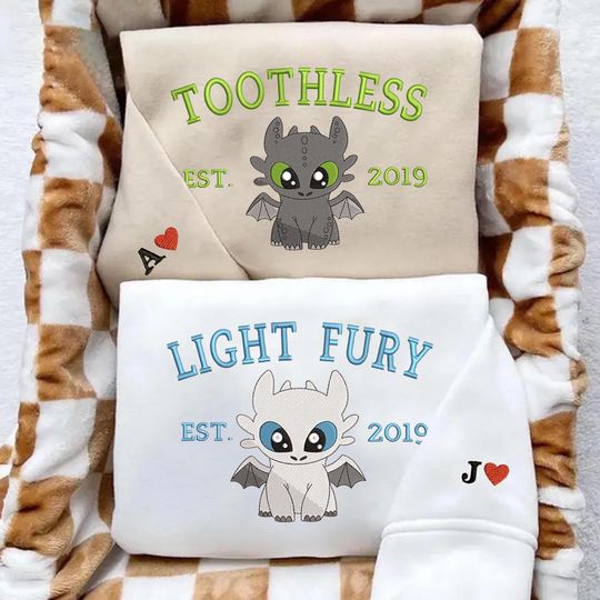 Couple Valentine Embroidered Sweatshirt, Personalized Toothless and Light Fury Couple Sweatshirt
