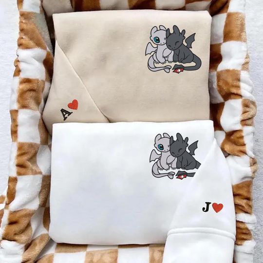 Couple Valentine Embroidered Sweatshirt, Personalized Toothless and Light Fury Couple Sweatshirt