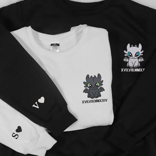 Couple Valentine Embroidered Sweatshirt, Personalized Toothless and Light Fury Couple Sweatshirt, Embroidered Dragon Sweatshirt