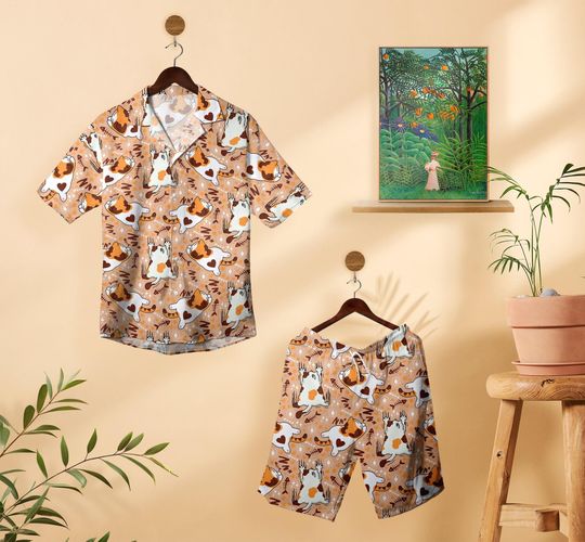 Cute Hawaiian Shirt With Cat Fish Bone And Star Pattern Great Tropical Style Anime Cat Hawaiian Shirt Cat Lover Gifts