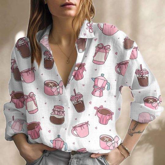 Coquette Coffee Linen Shirt, Valentines Day Coffee Women Blouses, Girly Long Sleeve Shirt, Soft Girl Coffee Lover Tee, Gift For Her