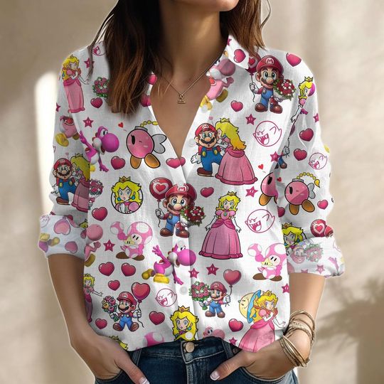 Super Mario And Princess Peach Linen Shirt, Vintage Video Game Casual Shirt, Funny Long Sleeve Shirt, Women Blouses, Gift For Her