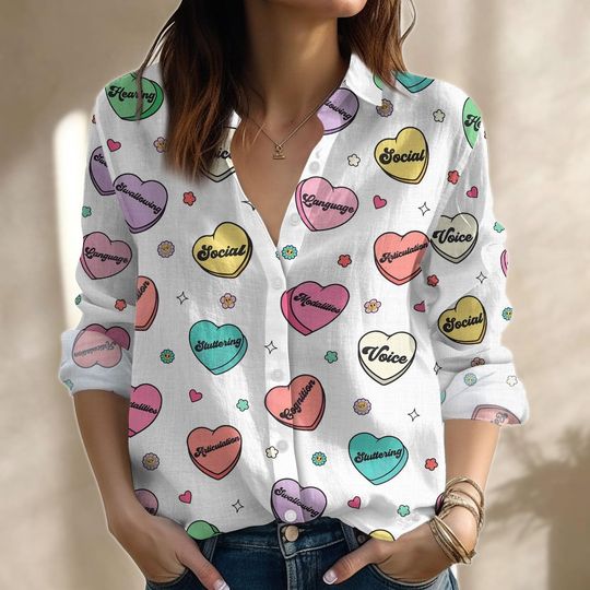 Cute Valentines Linen Shirt, Valentines Day Blouse Women Shirt, Heart Candy Long Sleeve Shirt, Linen Shirt Women, Funny Gift For Her