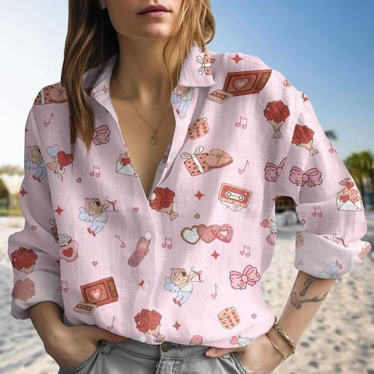 Happy Valentine Linen Shirt, Pink Valentine Women Shirt, Cute Cupid Longsleeve Shirt, Tis The Season Shirt For Her, Valentine Gift