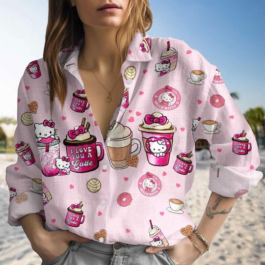 Hello Kitty Latte Linen Shirt, Pink Hello Kitty Valentine Shirt, Kitty Latte Longsleeve Shirt Women, Pink Cat Cute Shirt For Her