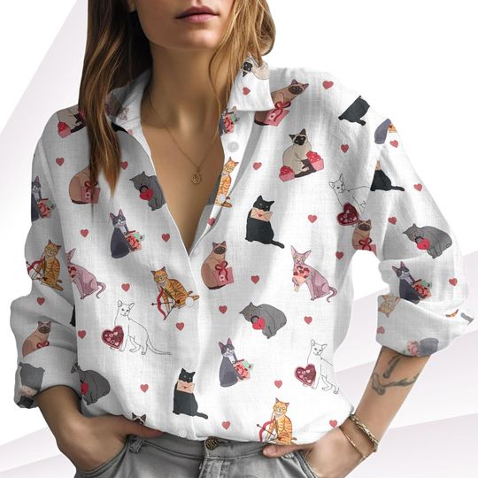 Cute Cat Valentine Linen Shirt, Valentine Cupid Pet Women Shirt, Pet Love Long Sleeve Shirt, Animal Blouses Tops Women, Casual Shirt