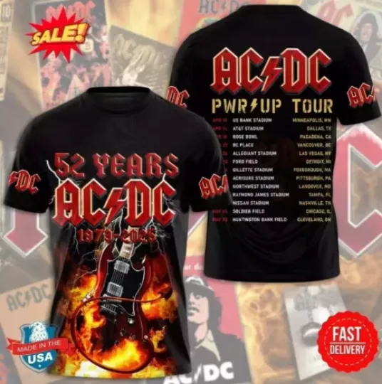 Music Band AC.DC 3D T-Shirt, 1973-2025 Pwr Up Tour 3D T-Shirt, Music Tour 2025 3D T-Shirt