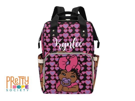 Personalized Purple & Pink Heart Diaper Bag - Black Baby Girl Diaper Bag with Name - Afro American Baby Shower Gift - Custom Girl Backpack