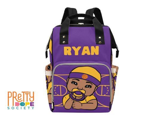Discover Purple & Gold Basketball Diaper Bag - Personalized Black Baby Boy Bag with Name - Sport Baby Shower Gift - Custom Basketball Diaper Backpack
