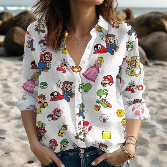Super Mario Linen Shirt Women, Luigi Bowser Toad Casual Shirt, Mario Bros Blouse Women Shirt, Game Characters Shirt, Mario Lover Gift