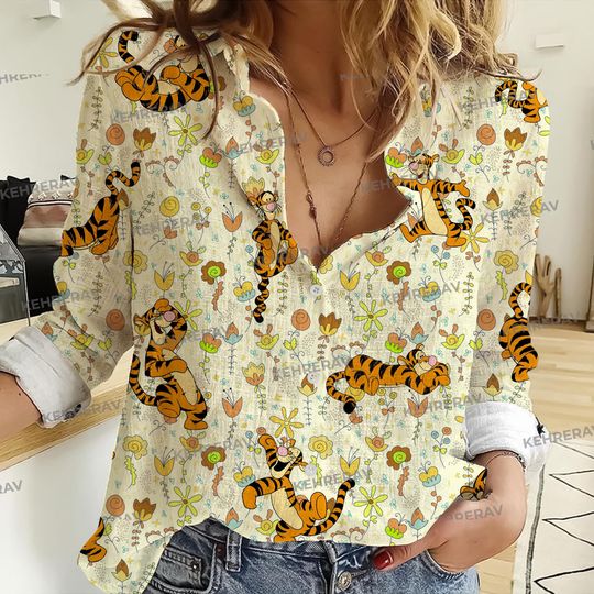 Tigger Winnie The Pooh Linen Shirts, Tigger Casual Shirts, Tigger Gifts, Tigger Linen Button Down Shirt, Blouses Tops Women, Gift For Her