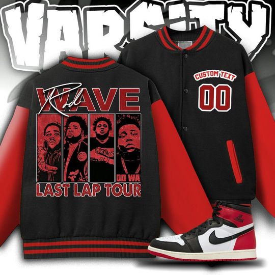 Custom AJ 1 Black Toe Reimagined Unisex Varsity Jacket, Rod Wave Last Lap Tour Varsity Jacket, Rap Music Varsity Jacket