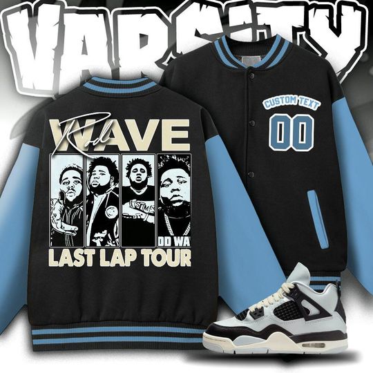 Custom AJ 4 Pure Platinum Unisex Varsity Jacket, Rod Wave Last Lap Tour Varsity Jacket, Rap Music Varsity Jacket