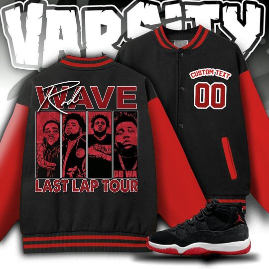 Custom AJ 11 Bred Velvet Unisex Varsity Jacket, Rod Wave Last Lap Tour Varsity Jacket, Rap Music Varsity Jacket
