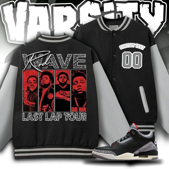 Custom AJ 3 Black Cement Unisex Varsity Jacket, Rod Wave Last Lap Tour Varsity Jacket, Rap Music Varsity Jacket