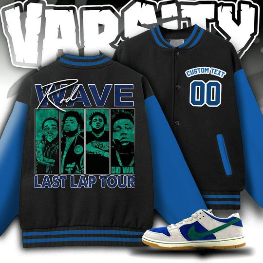 Custom Dunk Royal Malachite Unisex Varsity Jacket, Rod Wave Last Lap Tour Varsity Jacket, Rap Music Varsity Jacket