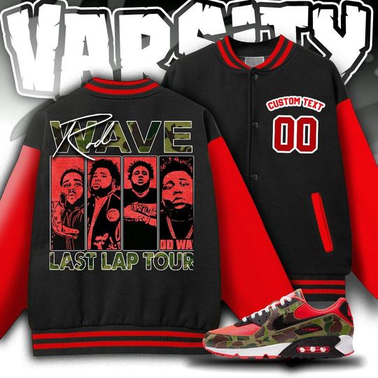 Custom AM 90 Duck Camo Unisex Varsity Jacket, Rod Wave Last Lap Tour Varsity Jacket, Rap Music Varsity Jacket