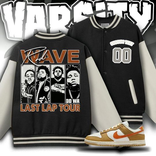 Custom Dunk Low Retro Wheat Orange Unisex Varsity Jacket, Rod Wave Last Lap Tour Varsity Jacket, Rap Music Varsity Jacket