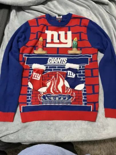 football NY GIANTS Football  Ugly Christmas Sweater Size M 3D Fireplace Crewneck NWOT