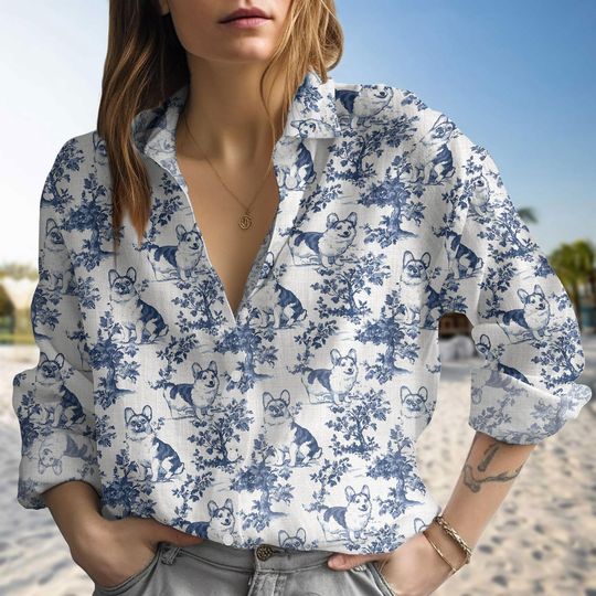 Chinoiserie Corgi Dog Shirt, Cute Corgi Floral Button Shirt, Dog Lover Gift For Women, Corgi French Toile Summer Shirt, Corgi Lover Gift