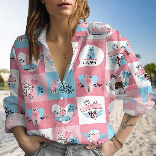Funny Cat Valentine Shirt, Meowy Valentines Button Shirt, Cupid Cat Long Sleeve Shirt, Heart Love Cat Casual Shirt, Cat Be Mine Lover