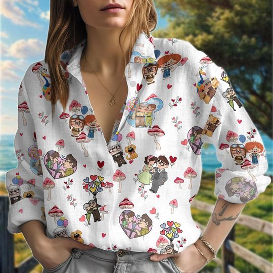 His Ellie And Her Carl Valentine Shirt, Valentine Cartoon Up Balloon T-Shirt, Disney Up Movie Button Shirt, Disney Cartoon Couple Tee