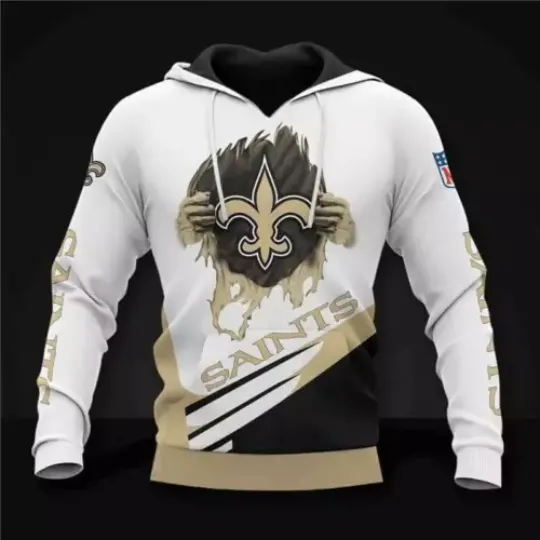 New Orleans Saints football Unisex "Busting Lose" White and Black Pullover 3D Hoodie