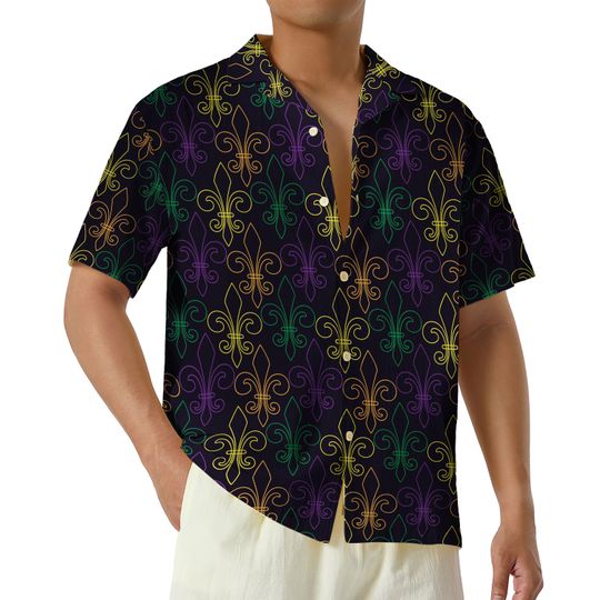 Mardi Gras Vintage Hawaiian Shirts, Fleur De Lis Mardi Gras Hawaiian Shirt, Button-Up Carnival Shirt, Louisiana Shirt