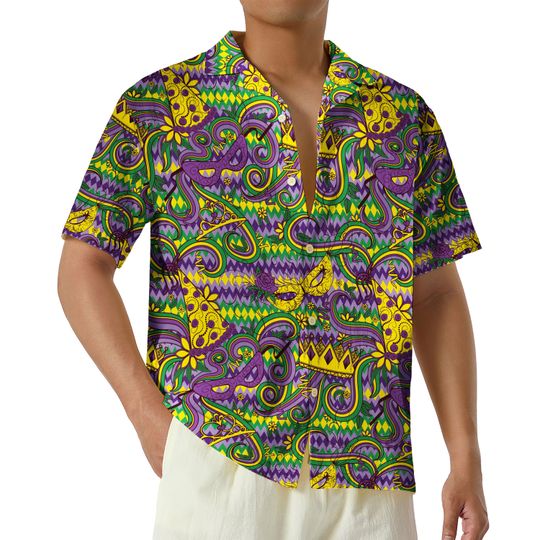Mardi Gras Festival Hawaiian Shirts, Fleur De Lis Mardi Gras Hawaiian Shirt, Button-Up Carnival Parade Purple Green Gold Shirt