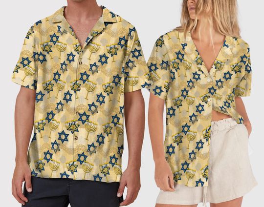 Hanukkah Candles Menorah Hawaiian Shirt Star Of David Button Up Shirt, Festival of Lights Jewish Celebration Gift, Jewish Gift