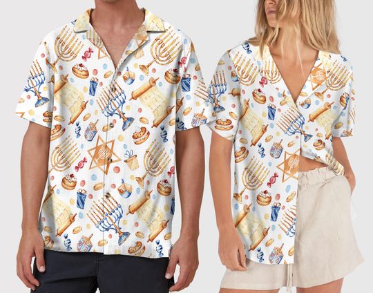 Hanukkah Menorah Hawaiian Shirt, Dreidel Button Up Shirt, Candle Lights Family Shirts, Chanukah Holiday Gifts, Latkes Shirt