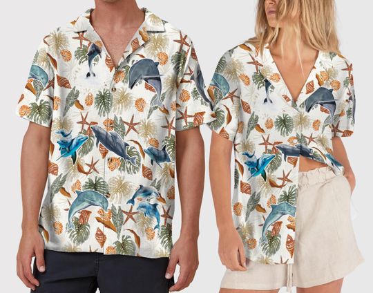 Dolphin Seashells Hawaiian Shirt, Ocean Beach Vacation Hawaii Shirt, Button Up Shirt, Short Sleeve Hawaii Shirt