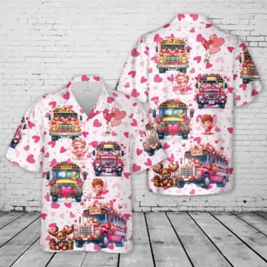 Happy Valentine's School Bus Hawaiian Shirt