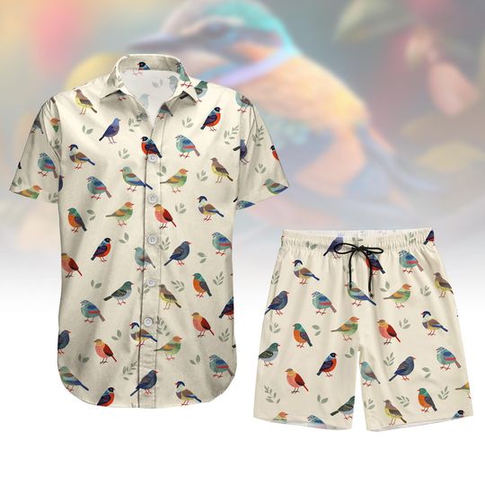Cute Bird Button Shirt, Bird Tropical Short, Birdwatching Hawaiian Shirt, Bird Nerd Aloha Shirts Men, Bird Lover Gift, Swim Shorts For Men