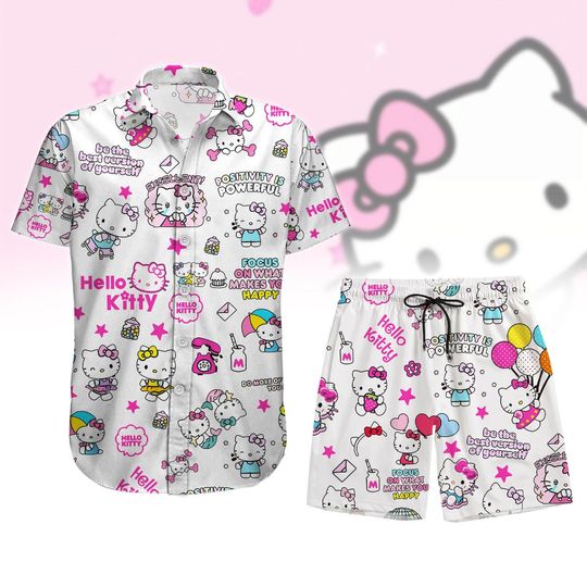 Hello Kitty Button Shirt, Hello Cat Hawaiian Short, Kitty Girls Tropical T-Shirt, Cute Kawaii Kitty Summer Short For Women, Beach Short