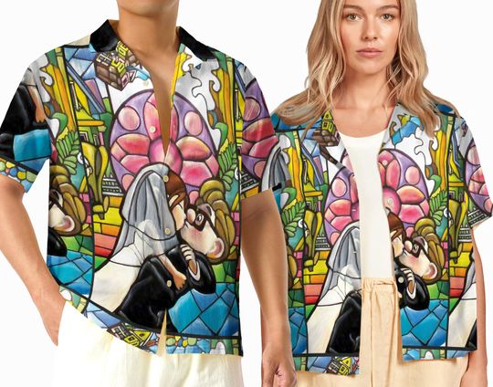 Stained Glass Carl & Ellie Hawaiian Shirt, Disney Pixar Up Couple Matching Button Shirt, Anniversary Gift, Disneyland Trip Honeymoon Shirt