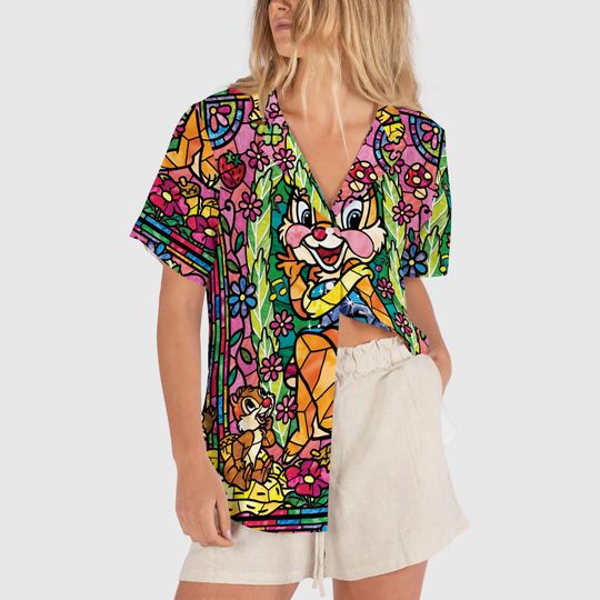 Stained Glass Chip and Dale Hawaiian Shirt, Clarice Chip N Dale Girlfriend Button Up Shirt, Disneyland Family Vacation Shirt
