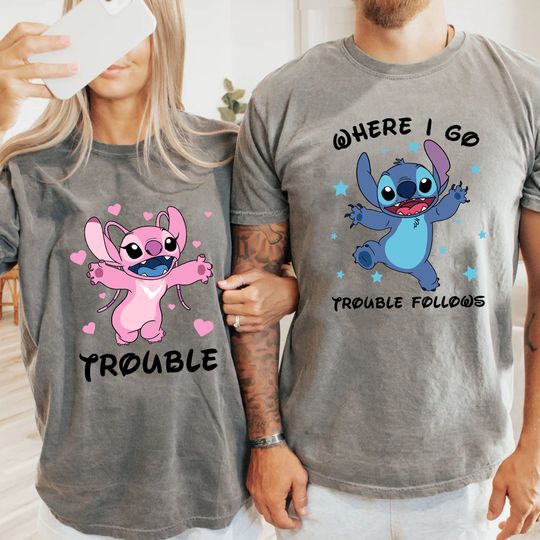 Disney Stitch & Angel Where I Go Trouble Follow Valentine Couple Shirt, Comfort Color, Funny Custom Disney Shirt, Disney Bridesmaid Tee