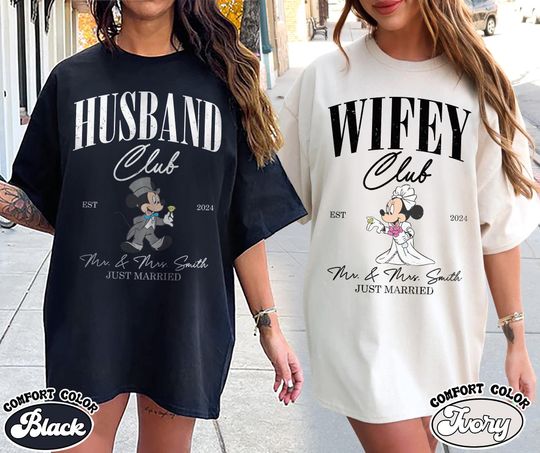 Personalized Disney Husband and Wife Shirts, Wedding Anniversary, Soociial Clubb Mr and Mrs Shirt, Just Married Shirt, Bride and Groom Shirts